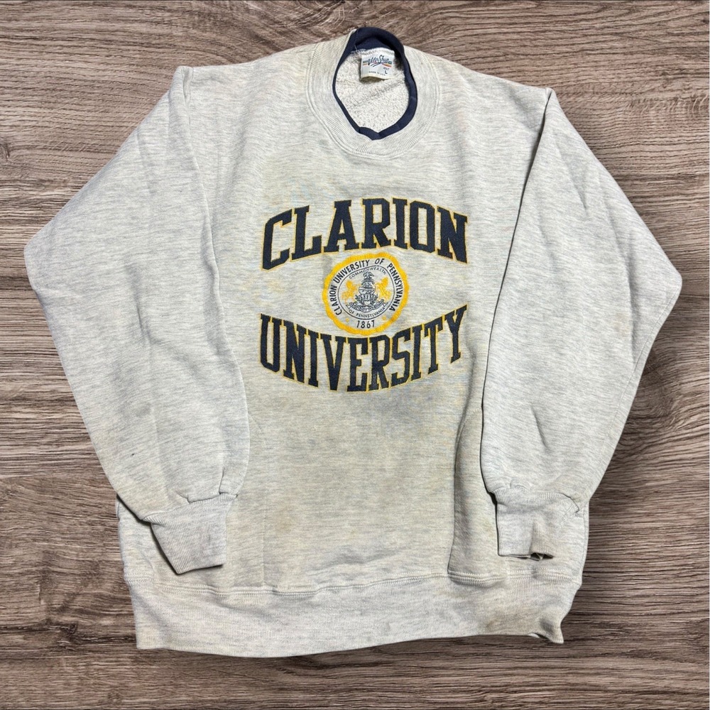 Vintage Velva Sheen Clarion University Grey‎ College Pullover Sweatshirt Size L